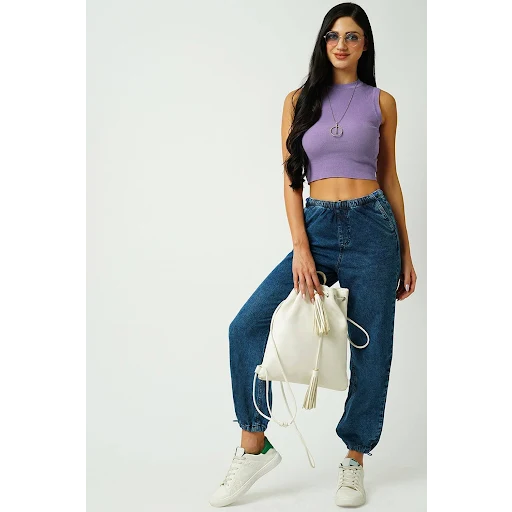 Kraus Purple Solid Casual Sleeveless Crew Neck Women Slim Fit Crop Top